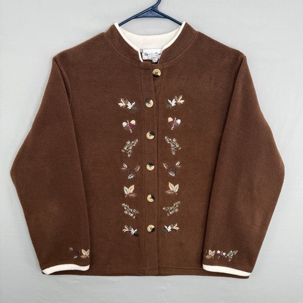 Bonnie Evans Vintage Fleece Cardigan XL Embroidered Thanksgiving Leaves Sweater